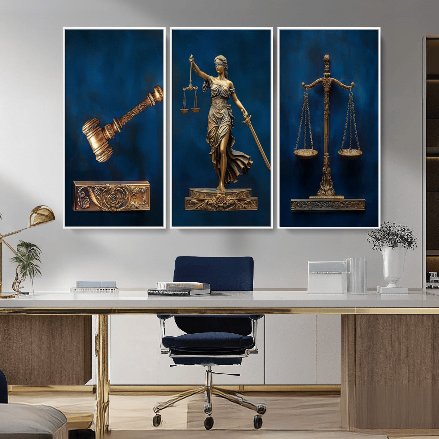 91629053-MGV-CV-36X24-Lady Justice Wall Art – Golden Gavel and Scales Canvas Print, Elegant Legal Office Decor for Lawyers, Judges, Courtroom or Study
