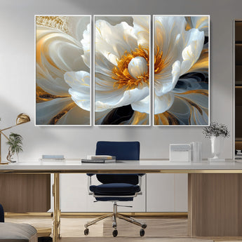 39604126-MGV-CV-36X24-Abstract Flower Wall Art – Elegant White and Gold Bloom Canvas Print, Modern Floral Artwork for Bedroom, Living Room, or Office