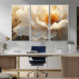29539087-MGV-CV-36X24-Floral Wall Art – Elegant White and Gold Bloom Canvas Print, Romantic Modern Flower Artwork for Bedroom, Living Room, or Office