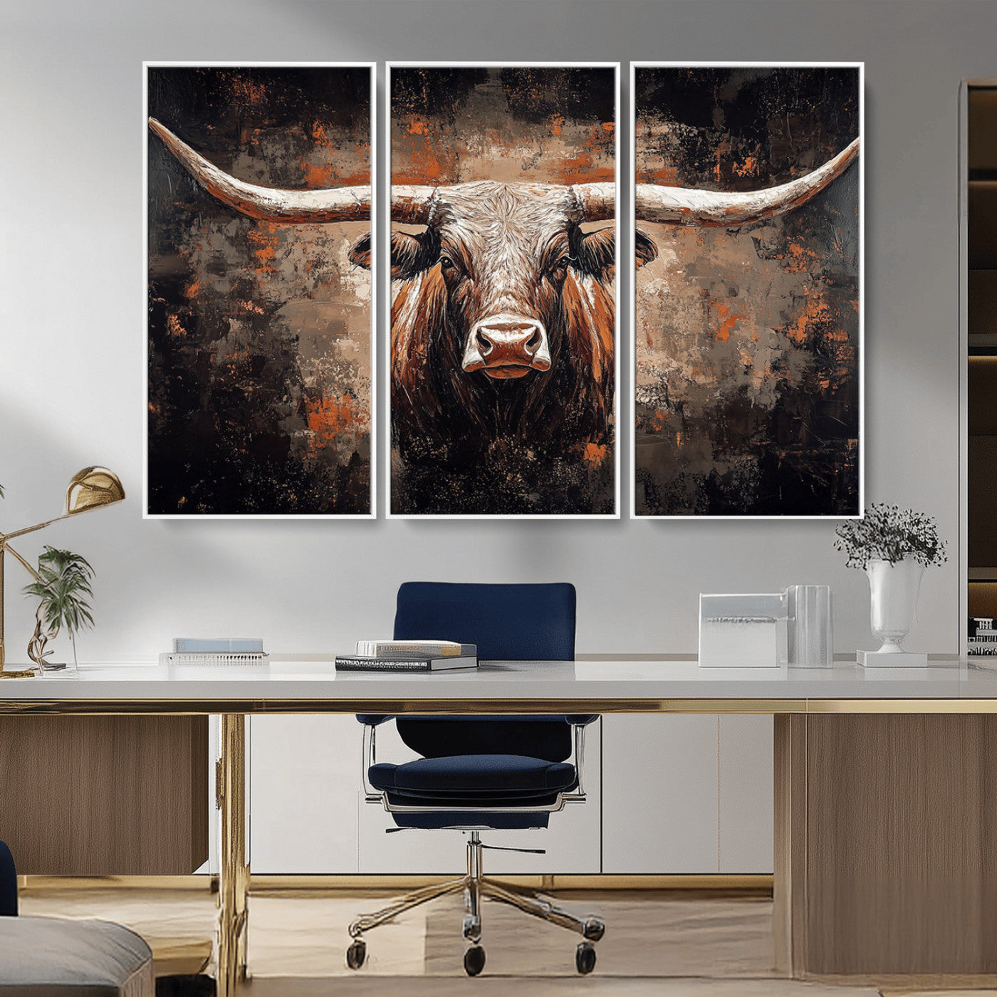 24779067-MGV-CV-36X24-Longhorn Bull Wall Art – Western Rustic Canvas Print, Bold Cowboy Cattle Painting for Ranch House, Farmhouse, Office, or Living