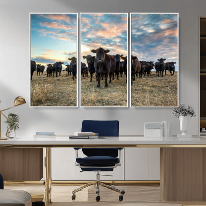 13867292-MGV-FC-48X32-3P_White-Black Cattle Wall Art – Rustic Ranch Herd Canvas Print, Western Farmhouse Country Landscape Decor for Living Room, Office, or