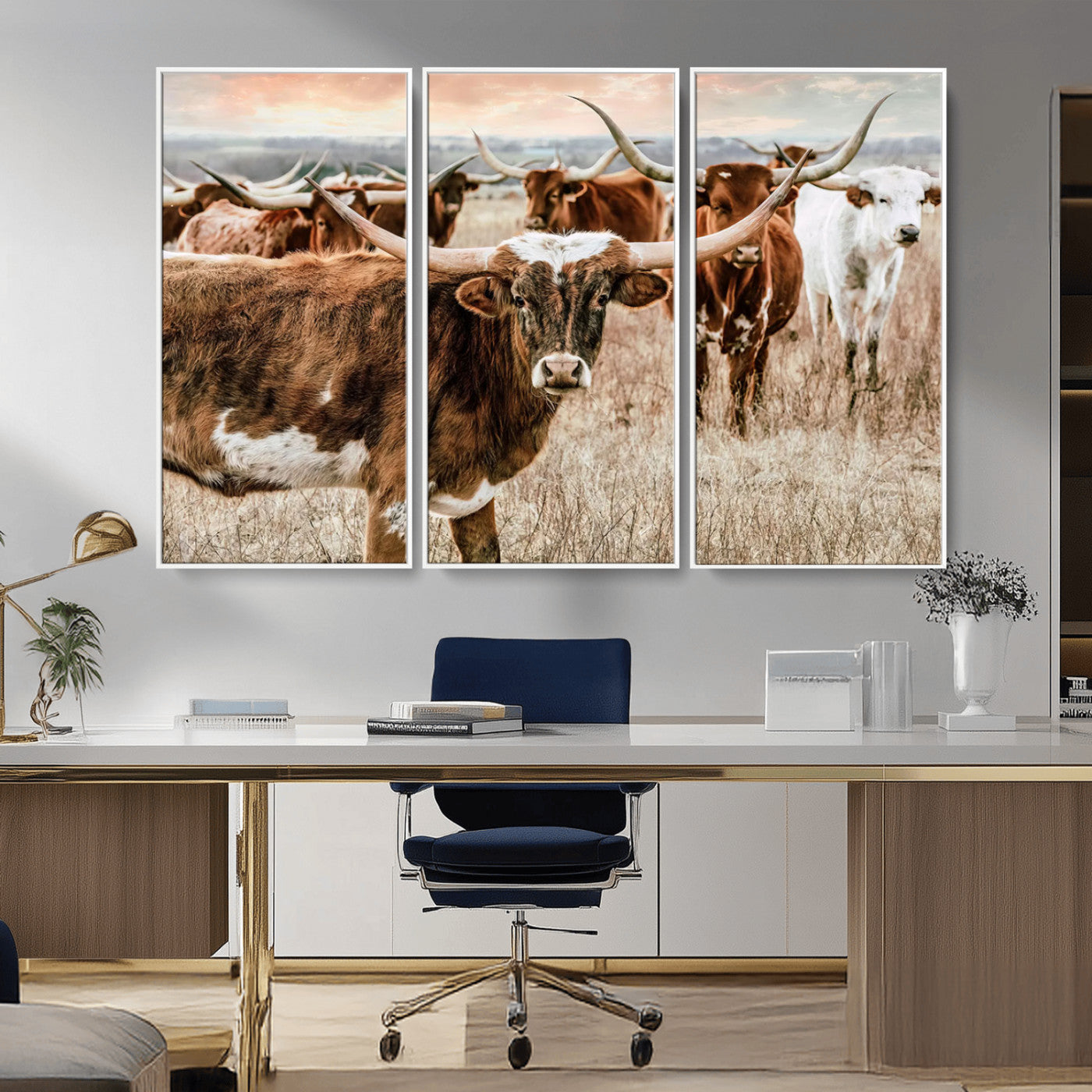 47758300-MGV-CV-36X24-Texas Longhorn Cattle Wall Art – Rustic Western Herd Canvas Print, Cowboy Ranch Farmhouse Decor for Living Room, Office, or