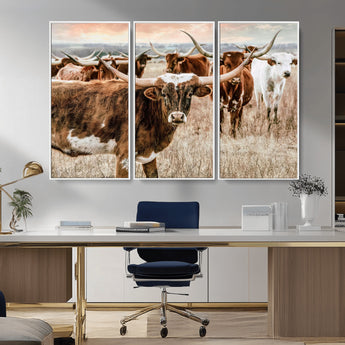 47758300-MGV-CV-36X24-Texas Longhorn Cattle Wall Art – Rustic Western Herd Canvas Print, Cowboy Ranch Farmhouse Decor for Living Room, Office, or