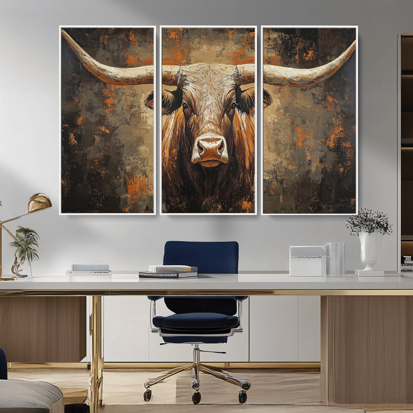 19204445-MGV-CV-36X24-Texas Longhorn Bull Wall Art – Rustic Western Canvas Print, Bold Cowboy Cattle Painting for Ranch House, Farmhouse, Office, or