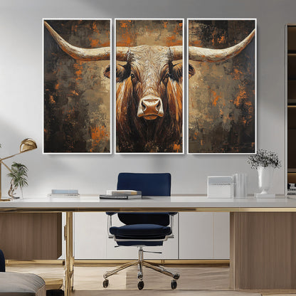 19204445-MGV-CV-36X24-Texas Longhorn Bull Wall Art – Rustic Western Canvas Print, Bold Cowboy Cattle Painting for Ranch House, Farmhouse, Office, or