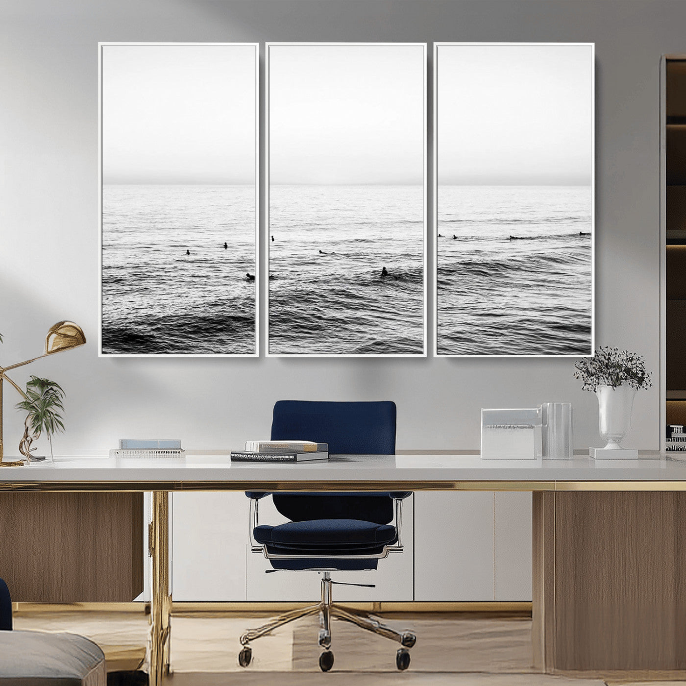 47208268-MGV-CV-36X24-Surfer Ocean Wall Art – Black and White Coastal Canvas Print, Minimalist Surfing Seascape Decor for Living Room, Bedroom, or Beach