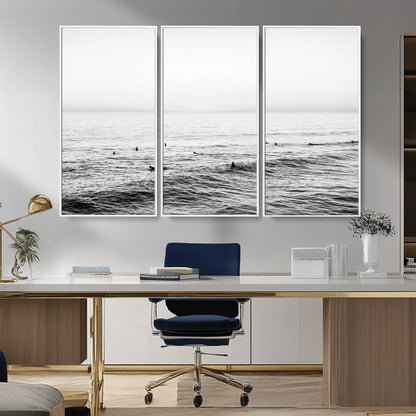 47208268-MGV-CV-36X24-Surfer Ocean Wall Art – Black and White Coastal Canvas Print, Minimalist Surfing Seascape Decor for Living Room, Bedroom, or Beach