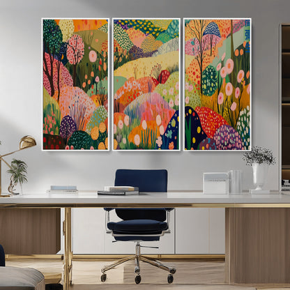 79636380-MGV-CV-36X24-Colorful Abstract Landscape Wall Art – Vibrant Hills and Flowers Canvas Print, Modern Whimsical Artwork for Living Room, Bedroom,