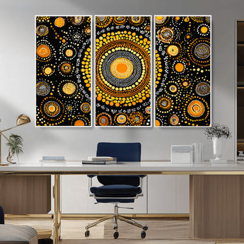 45478523-MGV-CV-36X24-Abstract Circle Wall Art – Bold Black and Gold Dot Painting Canvas Print, Modern Geometric Mandala Style Decor for Living Room or