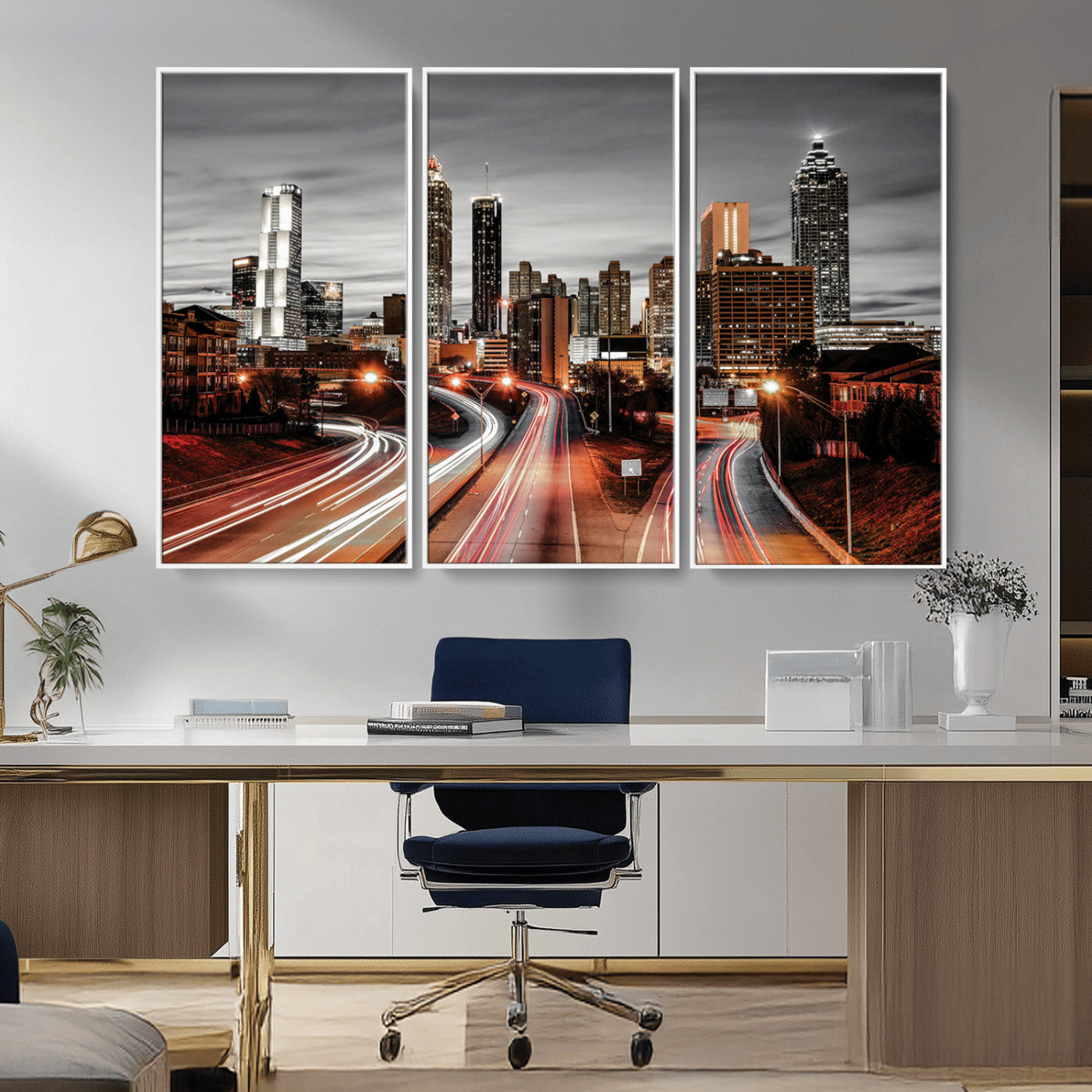 59097239-MGV-CV-36X24-City Skyline Wall Art – Modern Black and White Night Canvas Print with Red Light Trails, Urban Landscape Decor for Living Room or