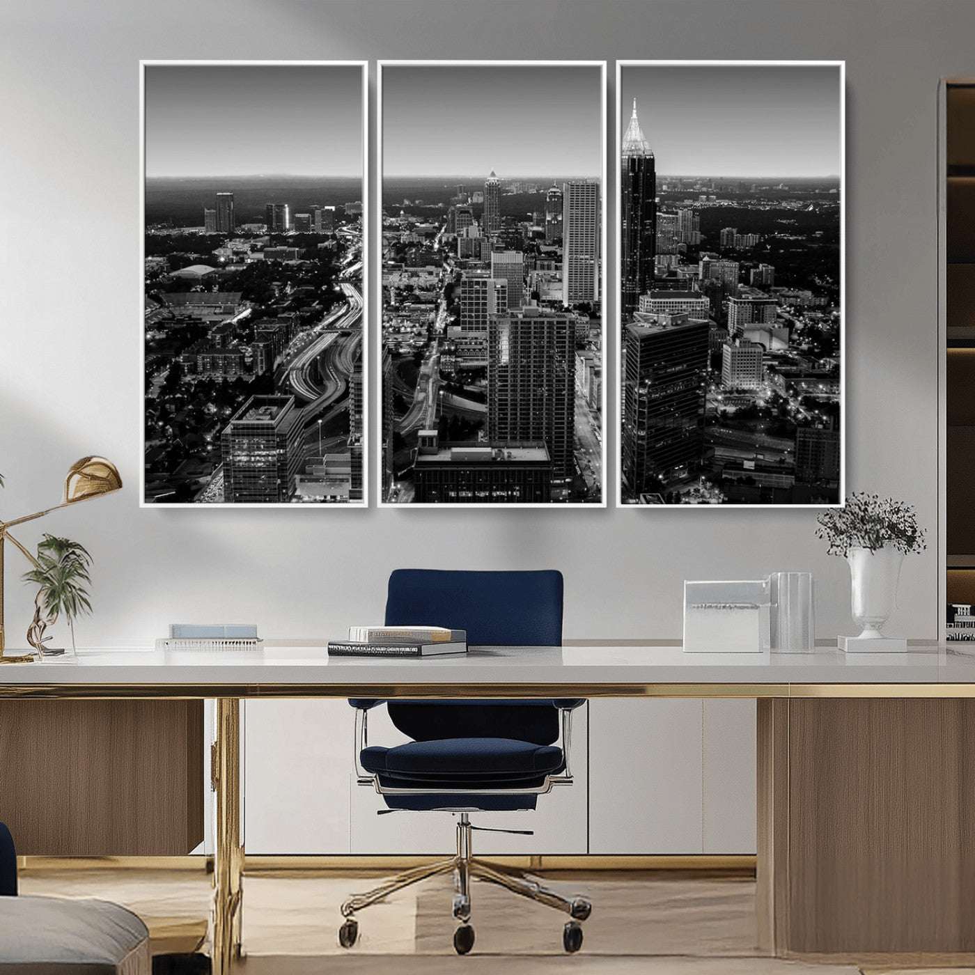 46578567-MGV-FC-48X32-3P_White-Atlanta Skyline Wall Art – Black and White Cityscape Canvas Print, Modern Urban Night Decor for Office, Living Room, or Apartment