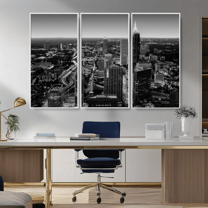 46578567-MGV-FC-48X32-3P_White-Atlanta Skyline Wall Art – Black and White Cityscape Canvas Print, Modern Urban Night Decor for Office, Living Room, or Apartment