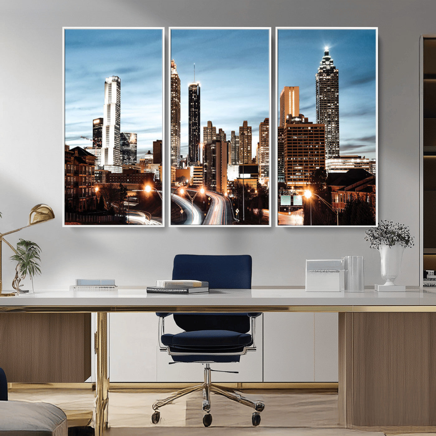 23859158-MGV-CV-36X24-Atlanta Skyline Wall Art – Modern Cityscape Canvas Print with Night Lights and Traffic Trails, Urban Decor for Office, Apartment,