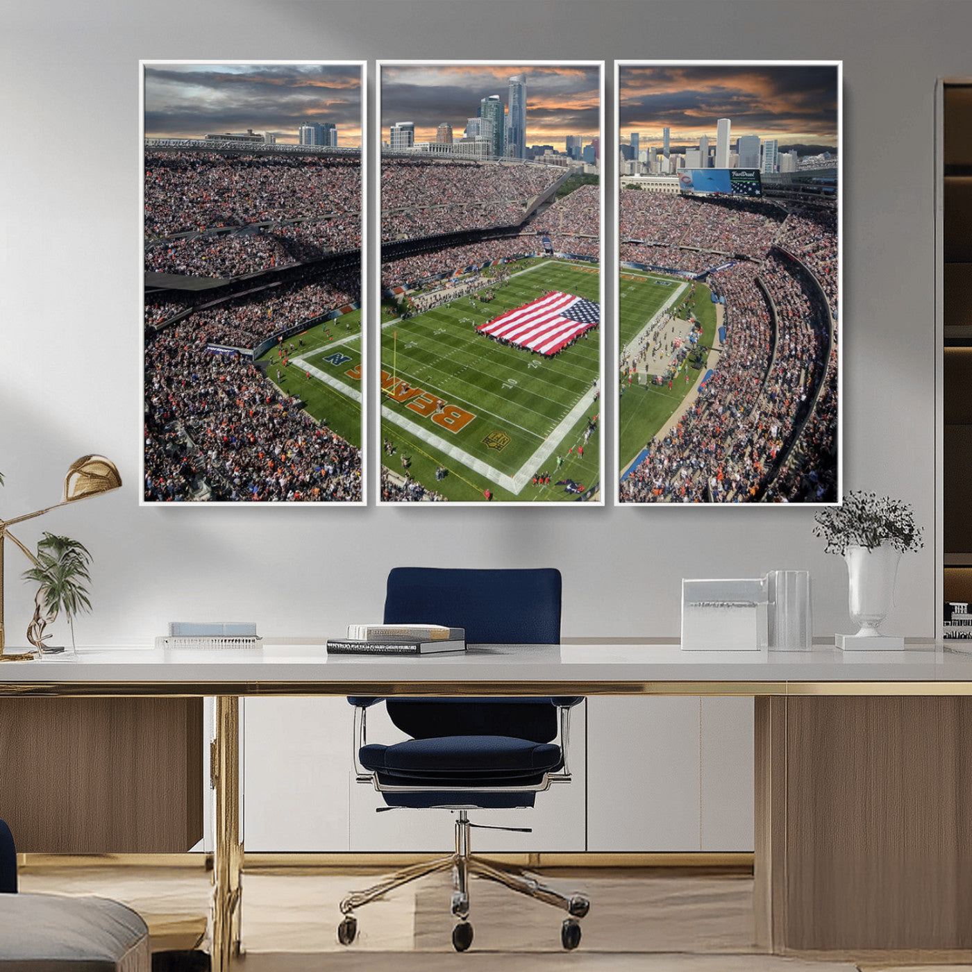 98106777-MGV-CV-36X24-Soldier Field Wall Art – Chicago Bears Stadium Canvas Print with American Flag, Game Day Football Decor for Man Cave, Bar, or