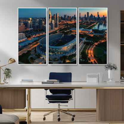 36690345-MGV-FC-48X32-3P_White-Soldier Field Wall Art – Chicago Bears Stadium Aerial Night Canvas Print, City Skyline Football Decor for Living Room, Office, or