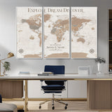 63516865-MGV-CV-36X24-Explore Dream Discover World Map Wall Art – Inspirational Travel Adventure Canvas Print, Neutral Parchment Style Explorer Decor