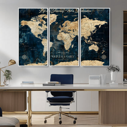 36970886-MGV-CV-36X24-Life is a Journey Not a Destination World Map Rustic Navy Beige Vintage Travel Wall Art Adventure Quote Canvas Print for Home