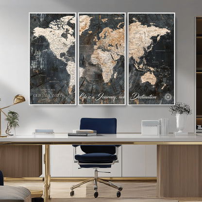 37848568-MGV-CV-36X24-Life is a Journey Not a Destination World Map Rustic Wood Texture Vintage Beige Navy Adventure Wall Art Canvas Print for Home