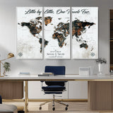 88337180-MGV-CV-36X24-Little by Little One Travels Far Tolkien Quote World Map Rustic Black Brown Adventure Wall Art Canvas Print for Home Office Living