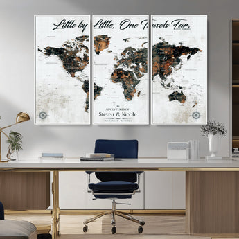 88337180-MGV-CV-36X24-Little by Little One Travels Far Tolkien Quote World Map Rustic Black Brown Adventure Wall Art Canvas Print for Home Office Living