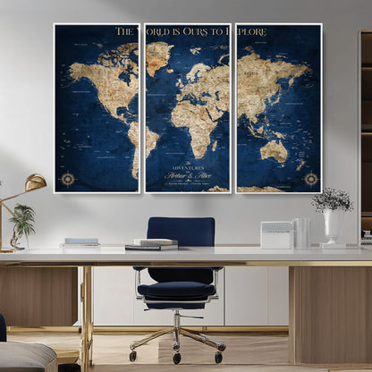 54782997-MGV-CV-36X24-The World is Ours to Explore Wall Art – Blue World Map Canvas Print, Adventure Travel Decor for Home, Office or Living Room,