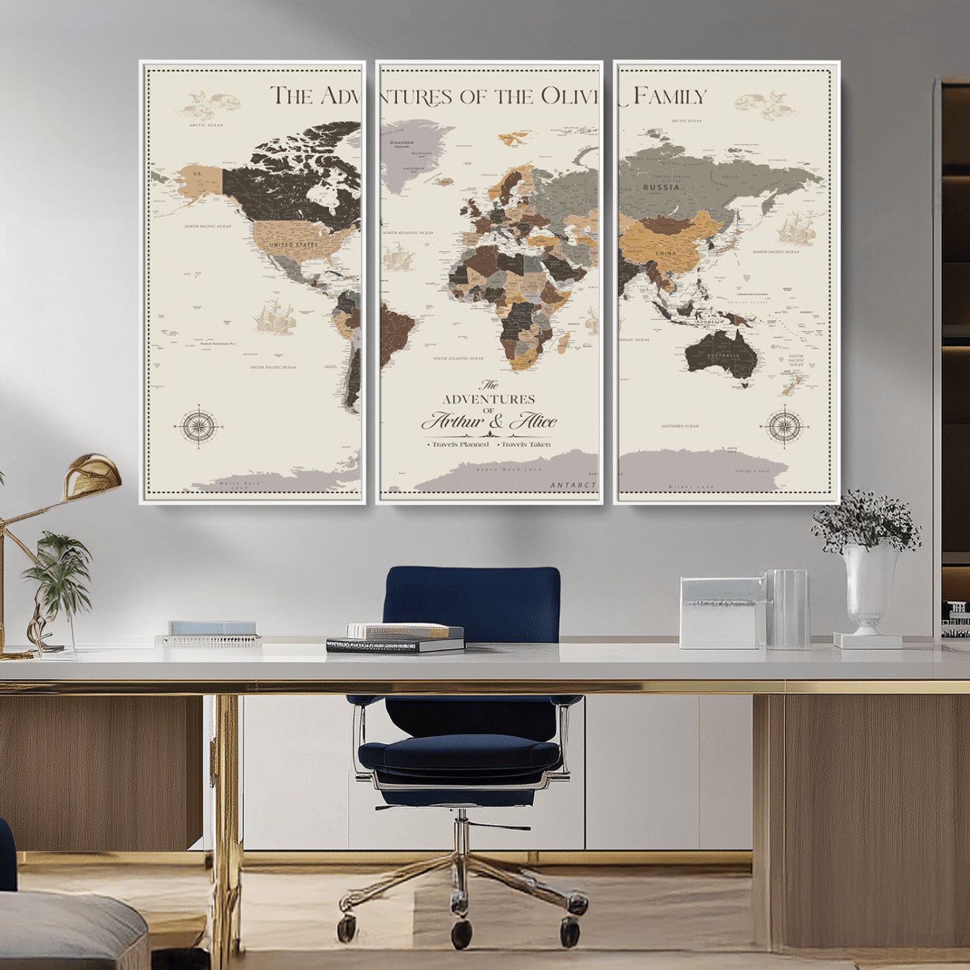 38723540-MGV-CV-36X24-Adventures of the Oliver Family Wall Art – Earth Tone World Map Canvas Print, Minimalist Travel Decor for Living Room, Bedroom or