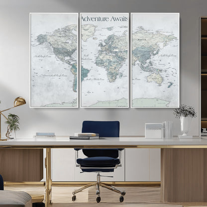 TEST111-MGV-FC-48X32-3P_White-Personalized Adventure Awaits Push Pin World Map – Custom Framed Travel Tracker Canvas Wall Art for Home, Office