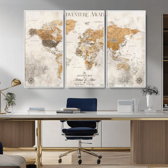 99422096-MGV-CV-36X24-Adventure Awaits World Map Wall Art – Neutral Beige Canvas Print, Modern Travel Inspired Wall Decor for Living Room, Bedroom or