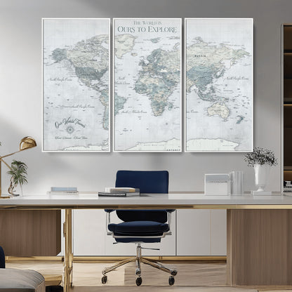 94249974-MGV-CV-36X24-Ours Explore World Map Wall Art – Modern Travel Canvas Print, Neutral Adventure Decor for Living Room, Office, Study, Bedroom,