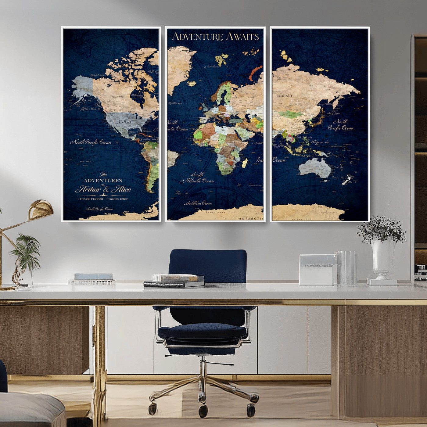 43160428-MGV-CV-36X24-Adventure Awaits Navy Blue World Map – Vibrant Travel Canvas Wall Art, Antique Atlas Print, Wanderlust Decor for Home Office