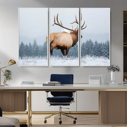 85177251-MGV-CV-36X24-Elk Wall Art – Majestic Wildlife Canvas Print of Bull Elk Snowy Forest, Rustic Nature Decor for Living Room, Cabin, or Office
