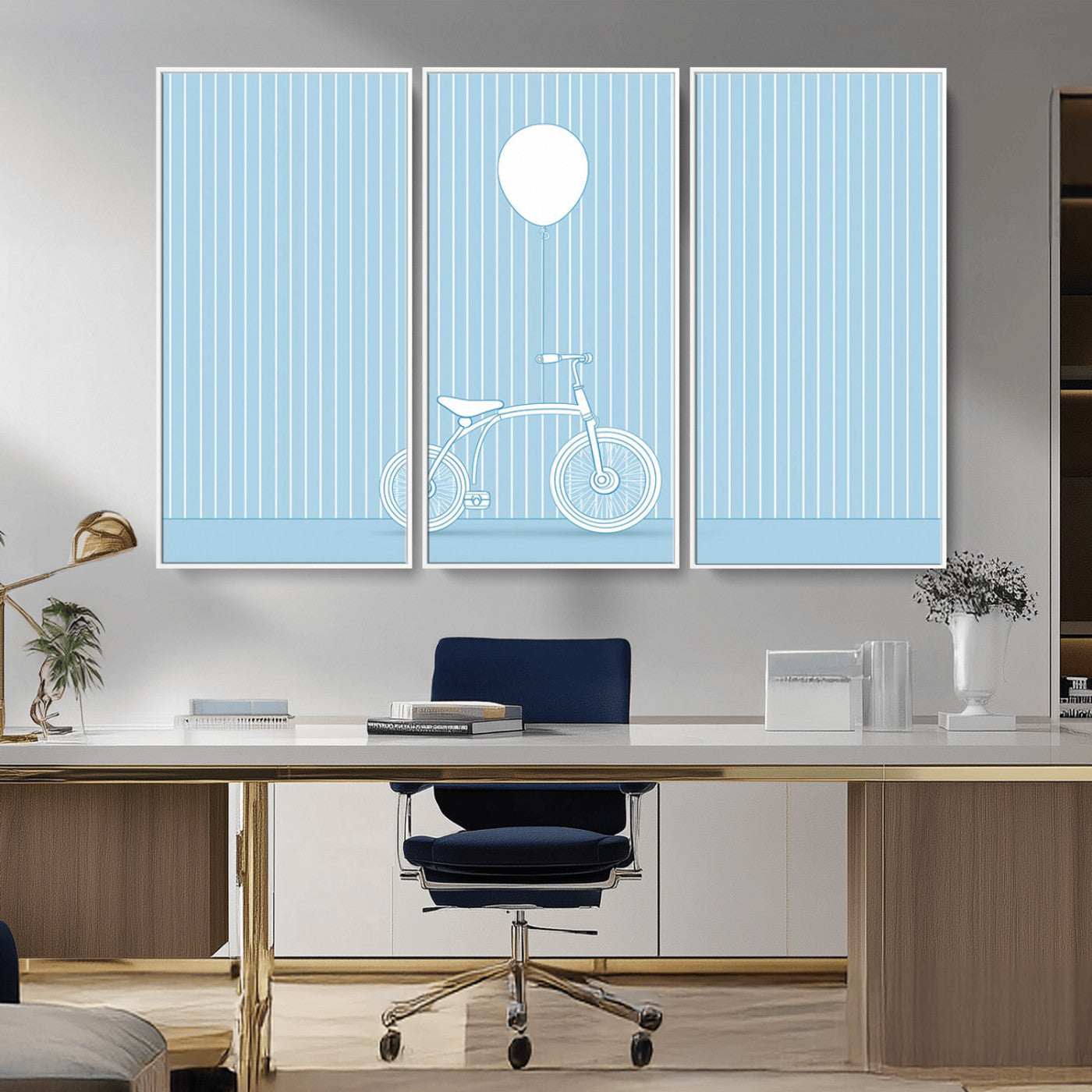 56479838-MGV-CV-36X24-Bicycle Wall Art – Minimalist Blue Canvas Print with Balloon Illustration, Modern Decor Artwork for Kids Room, Nursery, or Living