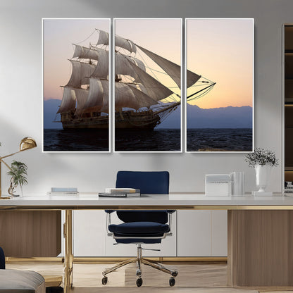 31270610-MGV-CV-36X24-Sailing Ship Wall Art – Sunset Seascape Canvas Print with Tall Ship at Sea, Nautical Ocean Decor for Living Room, Office, or