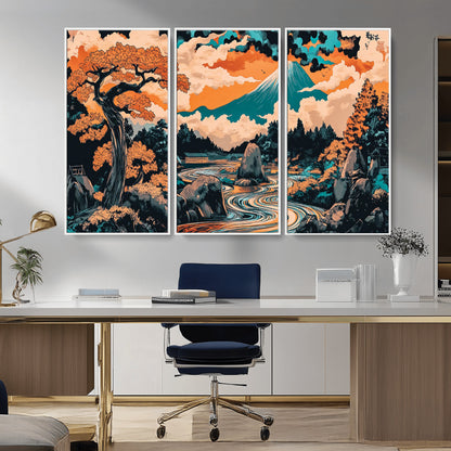 21638941-MGV-CV-36X24-Japanese Landscape Wall Art – Mount Fuji and Flowing River Ukiyo-e Style Canvas Print, Traditional Japan Inspired Artwork for