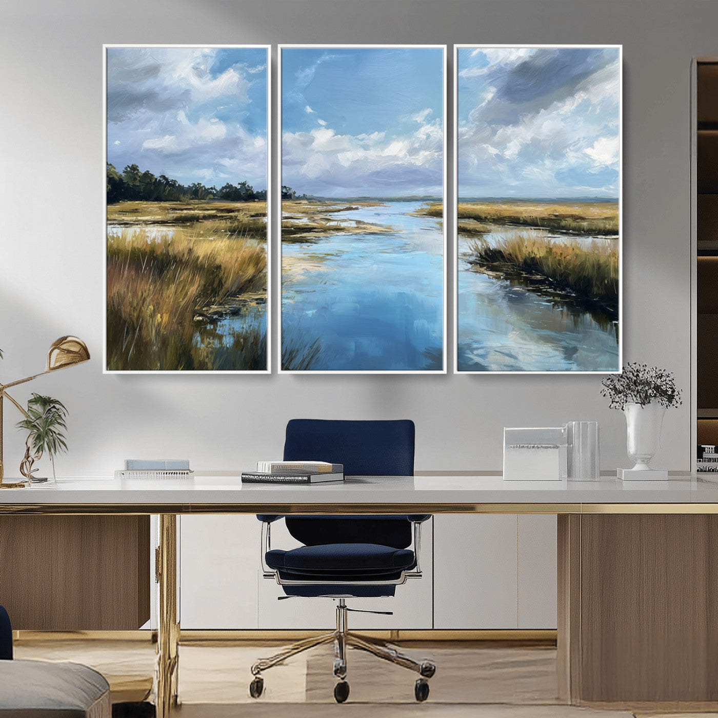 87082041-MGV-CV-36X24-Painted Marshland Canvas Wall Art – Serene Water Reflection, Blue Sky, Golden Grass Landscape, Calm Nature Decor for Home, Office,