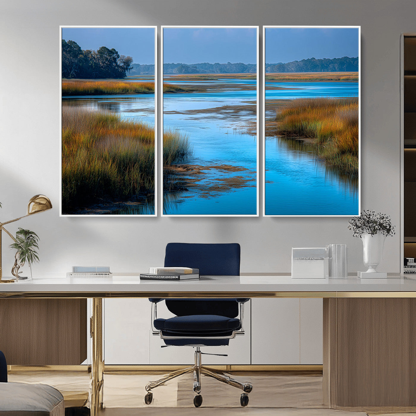 26300004-MGV-CV-36X24-Tranquil Marshland Canvas Wall Art – Blue Water, Reflective Sky, Golden Grasses, Calm Nature Landscape, Scenic Outdoor Beauty for