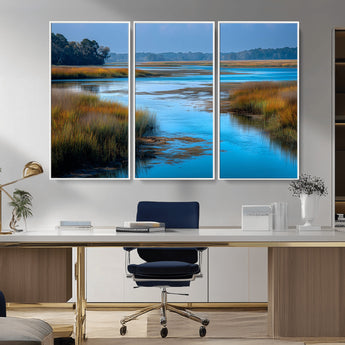 26300004-MGV-CV-36X24-Marshland Landscape Wall Art – Scenic Nature Canvas Print with Golden Grass and Blue Water, Peaceful River Photography for Living