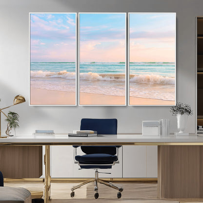 88024944-MGV-CV-36X24-Beach Landscape Wall Art – Coastal Ocean Canvas Print with Gentle Waves and Pastel Sky, Serene Seascape Photography for Living