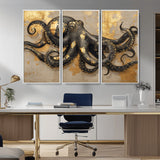 57944271-MGV-CV-36X24-Octopus Wall Art – Black and Gold Nautical Canvas Print, Modern Ocean Inspired Artwork with Elegant Detailing, Coastal Marine