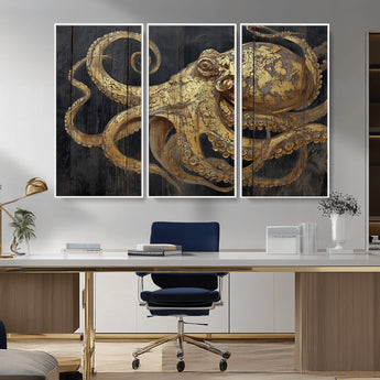 47056538-MGV-CV-36X24-Octopus Canvas Wall Art – Gold Detail, Wooden Texture, Marine Life, Ocean Creature Tentacles, Nautical Coastal Rustic Decor for
