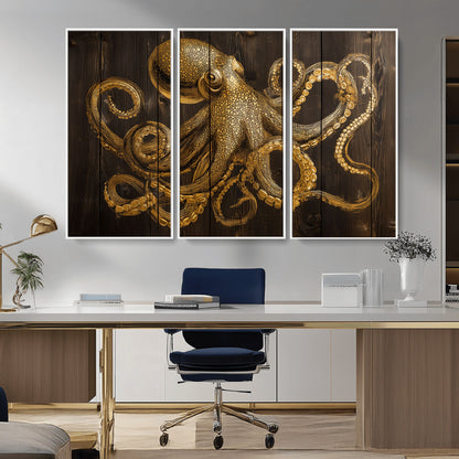 56769669-MGV-CV-36X24-Octopus Wall Art – Gold Nautical Canvas Print with Rustic Wood Panel Design, Detailed Marine Artwork for Coastal Ocean Decoration