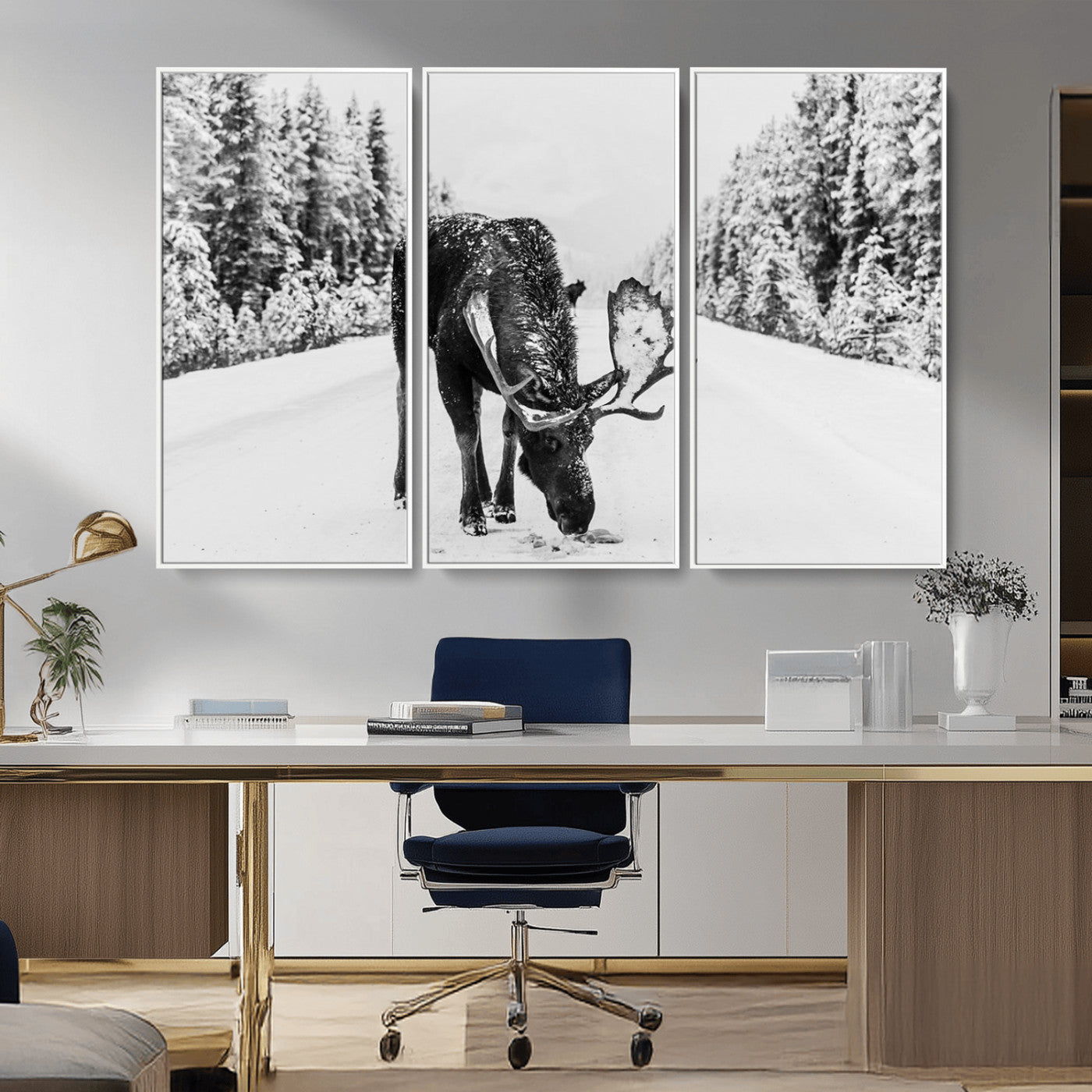 38956835-MGV-CV-36X24-Moose Winter Snowy Forest Canvas Wall Art – Wildlife Nature, Antlers in Frozen Landscape, Quiet Path, Cold Season Outdoors Print