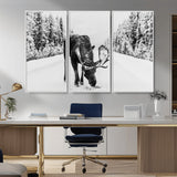 38956835-MGV-FC-48X32-3P_White-Moose Wall Art – Black and White Wildlife Canvas Print with Snowy Forest Road, Rustic Nature Photography for Cabin, Lodge, Living