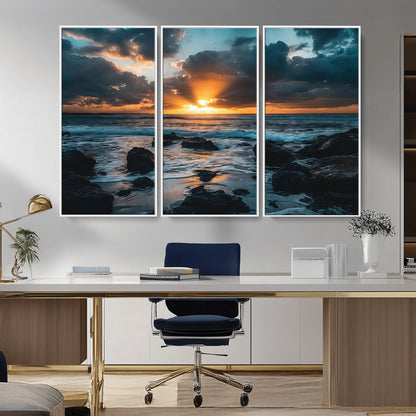 66040852-MGV-CV-36X24-Ocean Sunset Canvas Wall Art – Rocky Shore Waves, Dramatic Clouds, Golden Sun Rays, Coastal Nature, Serene Water Reflection for