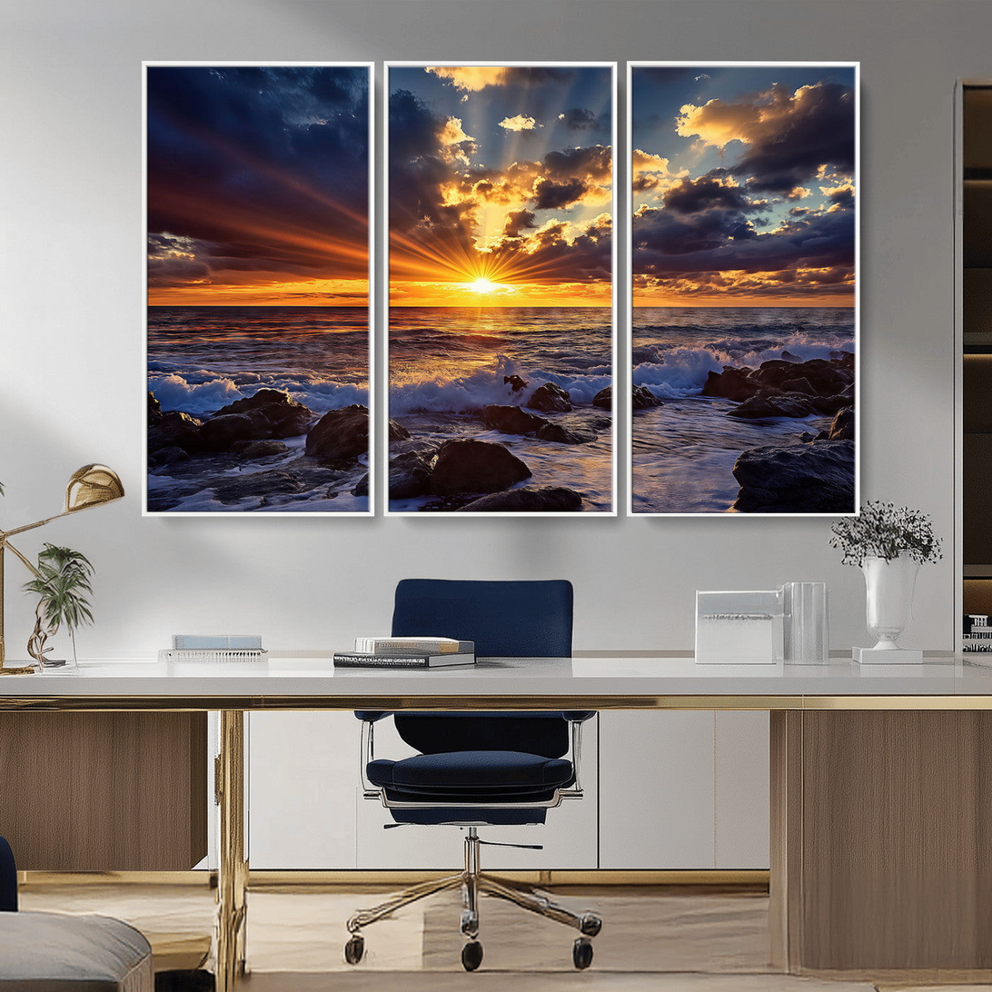 35900590-MGV-CV-36X24-Sunset Ocean Waves Canvas Wall Art – Rocky Shore, Dramatic Sky, Golden Sun Rays, Coastal Beauty, Serene Water Motion for Living