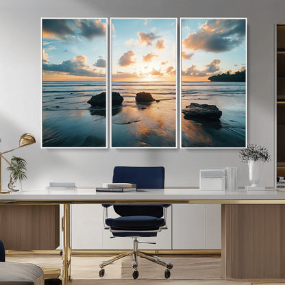 23879436-MGV-CV-36X24-Rocky Ocean Sunset Canvas Wall Art – Seaside Dramatic Seascape, Ocean Sunset Art Print for Coastal Modern Decor for Nature