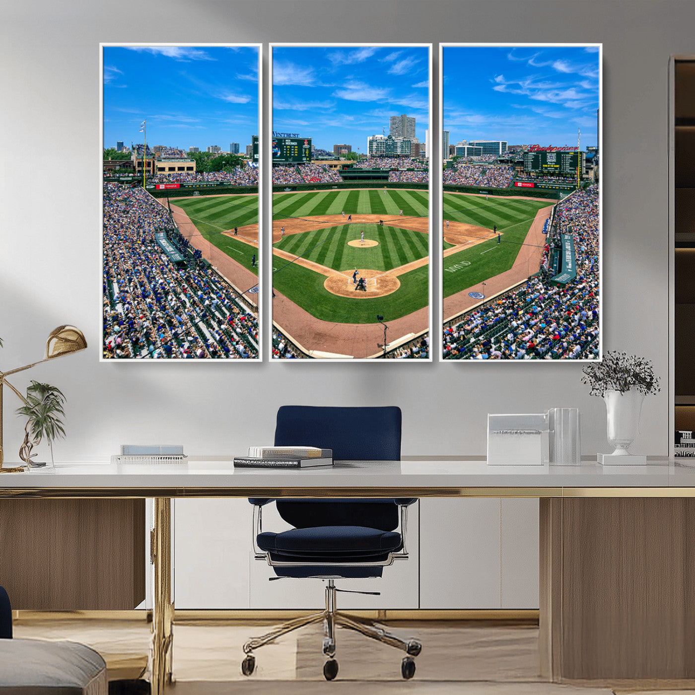 56213978-MGV-CV-36X24-Baseball Stadium Wall Art – Panoramic Ballpark Canvas Print with Fans, Green Field and City Skyline, Classic Sports Photography