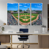 56213978-MGV-CV-36X24-Baseball Stadium Wall Art – Panoramic Ballpark Canvas Print with Fans, Green Field and City Skyline, Classic Sports Photography