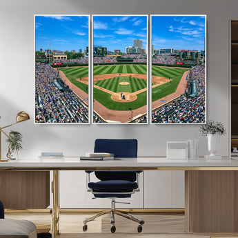 56213978-MGV-CV-36X24-Baseball Stadium Wall Art – Panoramic Ballpark Canvas Print with Fans, Green Field and City Skyline, Classic Sports Photography