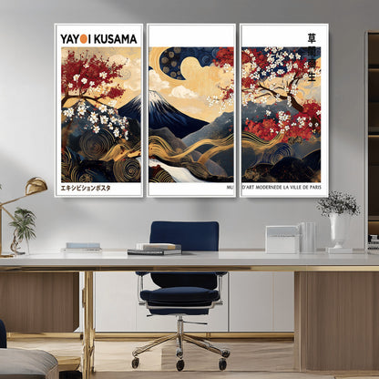 28945903-MGV-CV-36X24-Yayoi Kusama Inspired Japanese Art Canvas Print – Framed Floral & Mt. Fuji Wall Decor, Modern Asian Style Canvas for Home, Office,